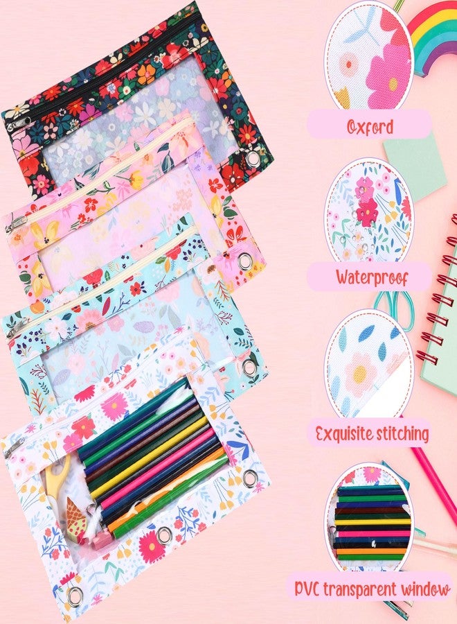 Janlaugh 4 Pack Pencil Pouch for 3 Ring Binder Bulk Flowers Binder Pencil Pouch with Zipper 3-Holes Pouches Durable Clear Zipper Top Bag for Classroom Teacher Office Supplies - Image 3
